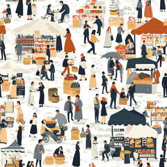 Obraz premium Toile de jouy seamless pattern featuring market scenes vibrant marketplace digital art urban environment aerial view cultural heritage
