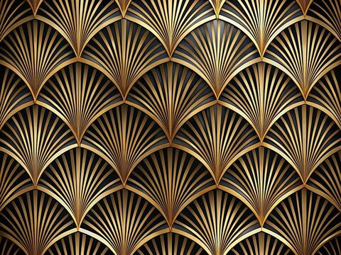Fototapeta Art Deco Background: Symmetrical Fan Pattern in Glossy Black & Gold Roaring Twenties Design