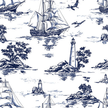Seamless pattern of sailboats and lighthouses coastal landscape textile design nautical theme aesthetic view toile de jouy concept