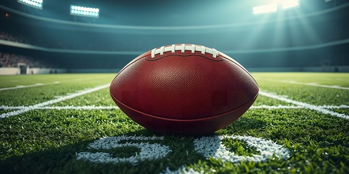 American football ball in realistic style   on stadium background with space to copy