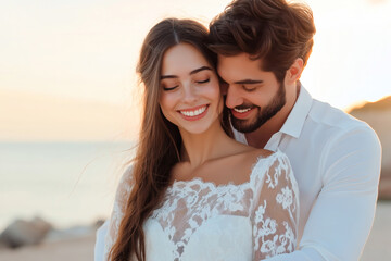 Obraz premium young couple in love smiles joyfully on beach at sunset, capturing romantic moment. Their happiness radiates as they embrace, surrounded by nature beauty
