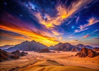 Fototapeta premium Long exposure captures Sinai's majestic mountain sunset, transforming the Egyptian desert into a starry canvas.