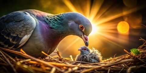 Low light captures a homing pigeon feeding its newborn, crop milk nourishing the chick in its nest.