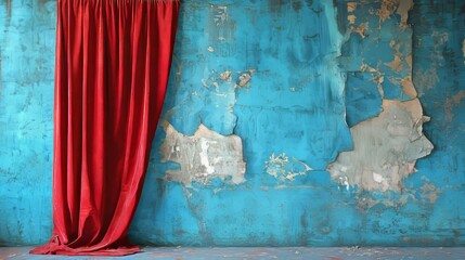 red curtain drapes from a crumbling wall in an abandoned building.