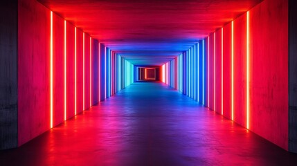 Fototapeta premium A futuristic corridor illuminated with neon lights, perfect for sci-fi, gaming, or modern studio backgrounds.