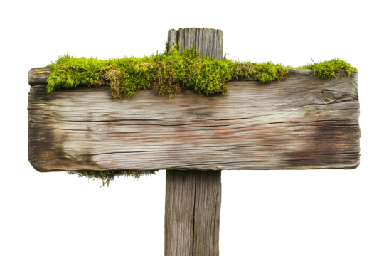 rustic wooden signpost sign board with moss plants, blank weathered guide board, cutout png