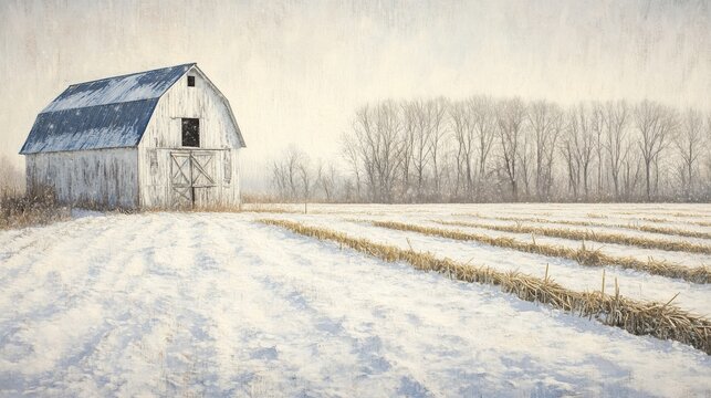 Snowy landscape with abandoned barn and farmland in winter scene