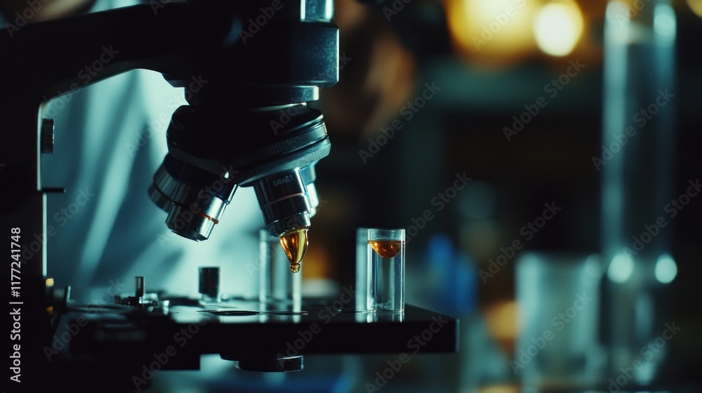 Poster a microscope focuses on test tubes, highlighting scientific experimentation and analysis.
