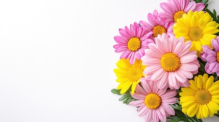 Colorful flowers arrangement with pink, yellow, and white daisies on white background