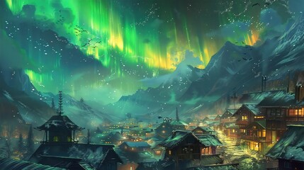 Obraz premium A vivid aurora above a quiet village, with green, yellow, and blue light cascading across the sky. The rooftops and streets glow softly, adding wonder to the tranquil town