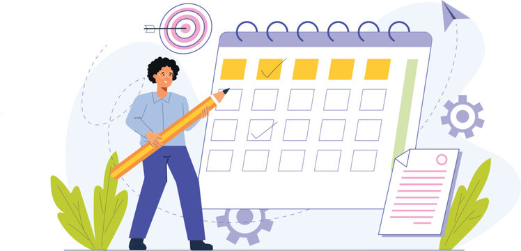 An illustration of effective deadline management, featuring a calendar planning system with marked deadlines, task lists, and reminders, alongside a person organizing their schedule