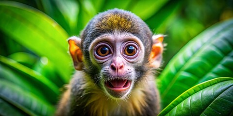 Fototapeta premium Astonished Monkey Close-Up: Aerial Drone Shot of a Tiny Primate