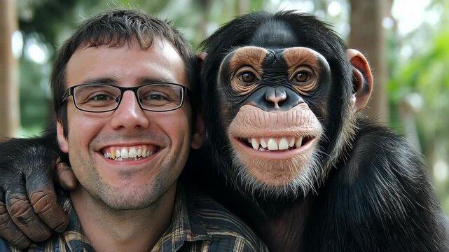 Happy Man with Chimpanzee Close-Up 