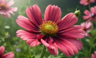 Obraz premium Fully opened cosmos flower showcasing intricate details, lush green backdrop , blossom, plant