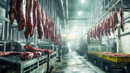 Vivid portrayal of beef carcasses in an industrial meat processing plant showcasing fresh and skillfully prepared cuts