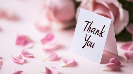 "Thank You" card amidst delicate pink rose petals on soft background