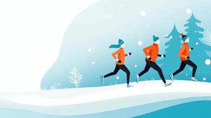 Energetic Winter Running Scene with Three Runners in Stylish Activewear Against a Winter Wonderland Background of Snow and Trees