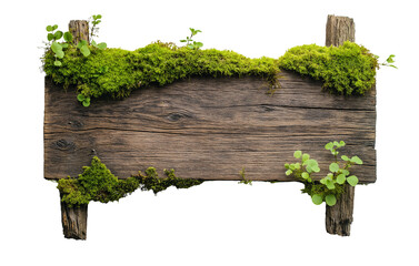 rustic wooden guide board sign board with moss plants, blank weathered signpost, cutout png