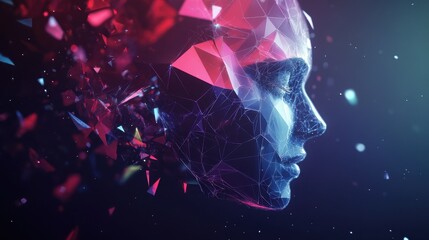 Abstract polygonal head in space. Cyberspace and science concept. Double exposure.