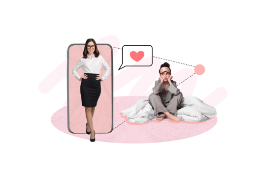 Creative collage of mini positive elegant unsatisfied pajama girls big smart phone display like notification isolated on pink background
