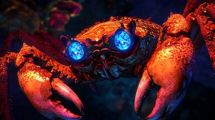 Close-up of a vibrant orange crab with glowing blue eyes, set against a dark, moody background.