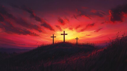 morning vibes with red sky three cross on the hill of golgotha jesus bible easter christmas