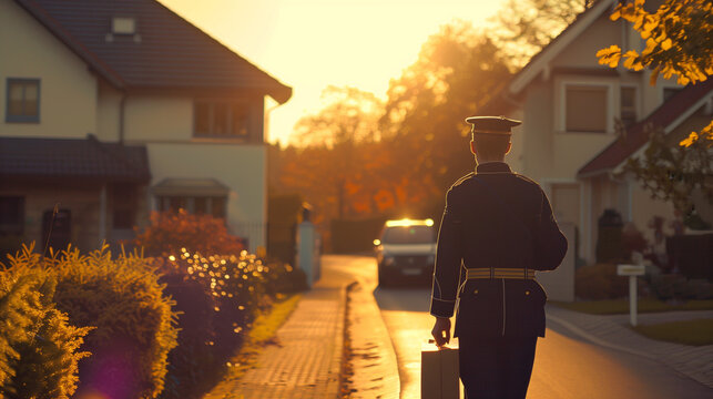Postal Worker Handing Package at Contemporary Home with Subtle Suburban Ambiance. Urban Delivery Scene with Soft Focus Backdrop.