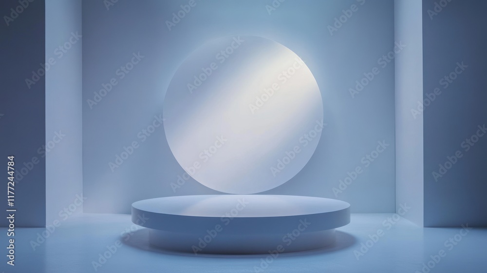 Leinwandbilder a minimalist display featuring a circular platform and backdrop, illuminated in soft blue light.
