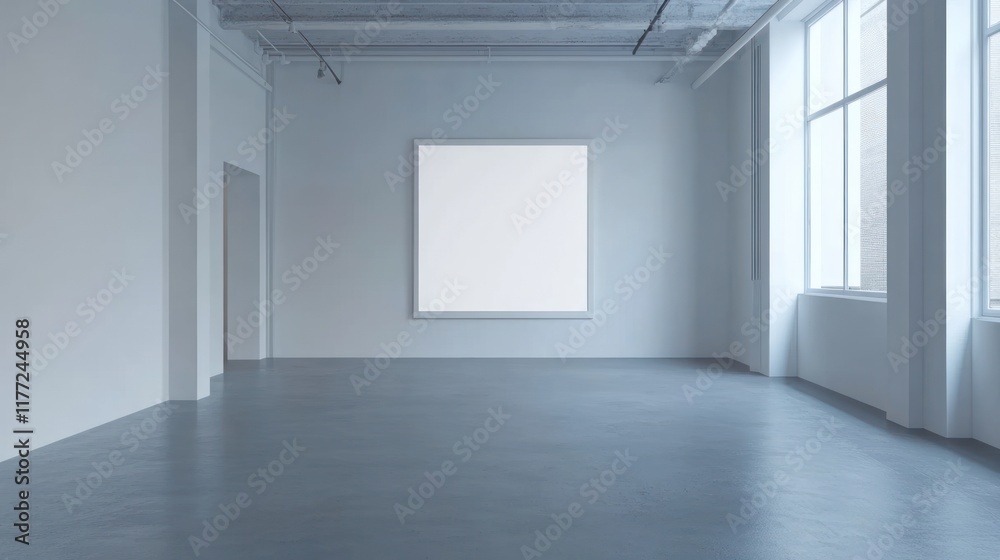 Leinwandbilder a minimalist gallery space featuring a blank canvas and large windows.