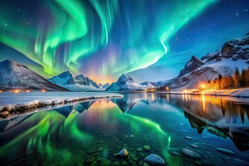Norway's winter magic: long exposure captures snowy mountains, frozen lakes, and shimmering Northern Lights.