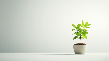 A small green plant in a white pot, set against a minimalistic background, symbolizes growth and renewal.