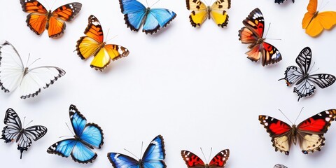 Fototapeta premium Colorful butterflies arranged in a circular pattern on a white background showcasing diverse species and vibrant hues