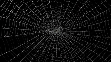 Obraz premium A spider web intricately woven, its delicate threads forming a geometric pattern, set against a stark black wall.