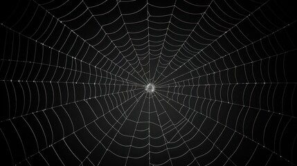 Fototapeta premium A spider web intricately woven, its delicate threads forming a geometric pattern, set against a stark black wall.
