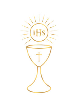 Pierwsza Komunia Święta - złoty kielich, Hostia, IHS, wektor, png bez tła, wersja 2