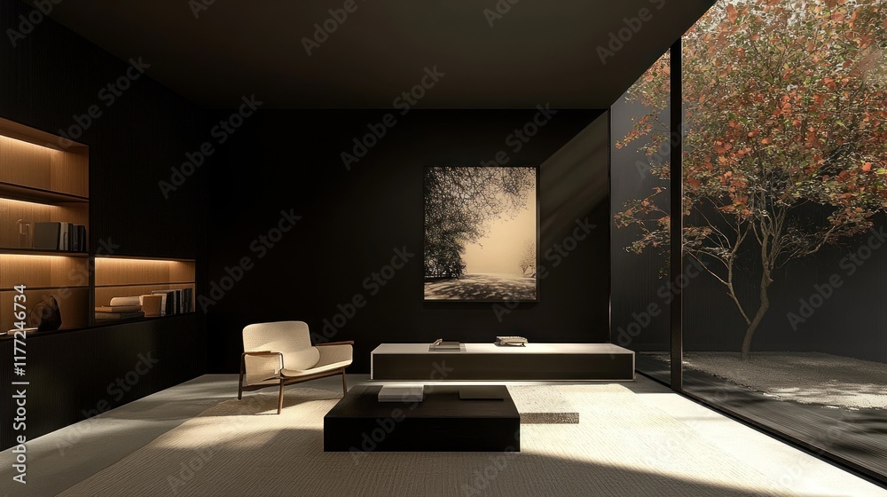Aufkleber a minimalist living space with natural light and a view of a tree.