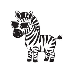 A minimalist, black and white illustration of a zebra wearing sunglass.