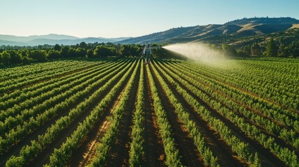 A drone spraying pesticides over a flourishing orchard, with rows of trees and a clear blue sky in the background.