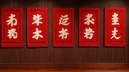 Traditional Chinese Calligraphy Art Displayed in Vibrant Red Frames