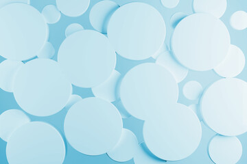Light blue shining abstract background - plastic cylinders different size as pattern, top view. 3D illustration - circles as texture in modern elegant, geometric style for sale, advertising, design.