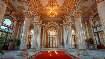 A grand room with an opulent red carpet and golden accents, perfect for luxury event backdrops or showcasing elegance in interior design.
