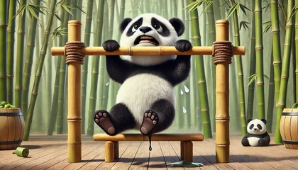 Cute Panda Struggling with Pull-Ups in a Bamboo Forest
