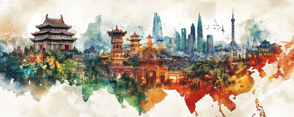 Artistic map of Asia featuring cultural motifs, vibrant colors, and iconic landmarks. This creative representation blends traditional architecture with modern cityscapes, showcasing diversity of