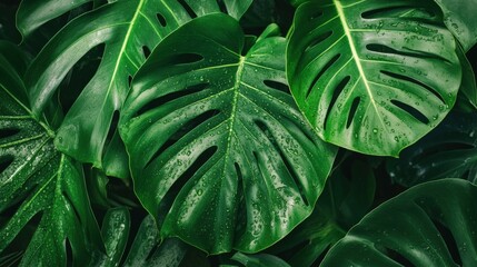 close up of lush green monstera leaves with water droplets