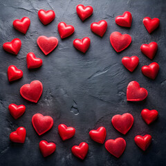 Fototapeta premium Happy valentine s day background with red hearts arranged on black background