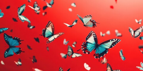 Colorful butterflies fluttering against a vibrant red background in a lively display of nature