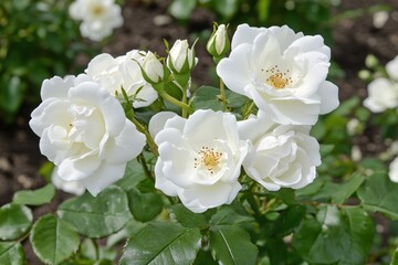 Obraz premium Beautiful White Roses with Green Leaves in a Sunny Flower Garden Setting