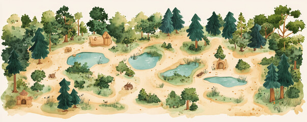 detailed forest map featuring layered tree canopies, animal trails, and small ponds, creating serene and inviting natural landscape