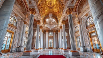 Obraz premium A grand room with an opulent red carpet and golden accents, perfect for luxury event backdrops or showcasing elegance in interior design.