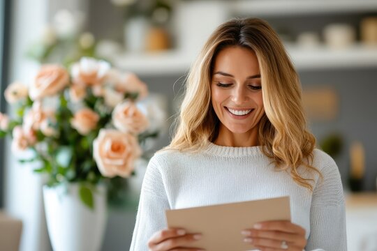 A woman is smiling while reading a heartfelt letter in a bright, inviting setting, embodying feelings of joy, excitement, and connection during a special moment.